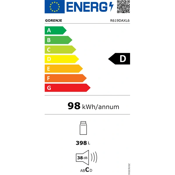 Gorenje R619DAXL6 inox, egyajtós, Hűtő:398L, hűtőszekrény