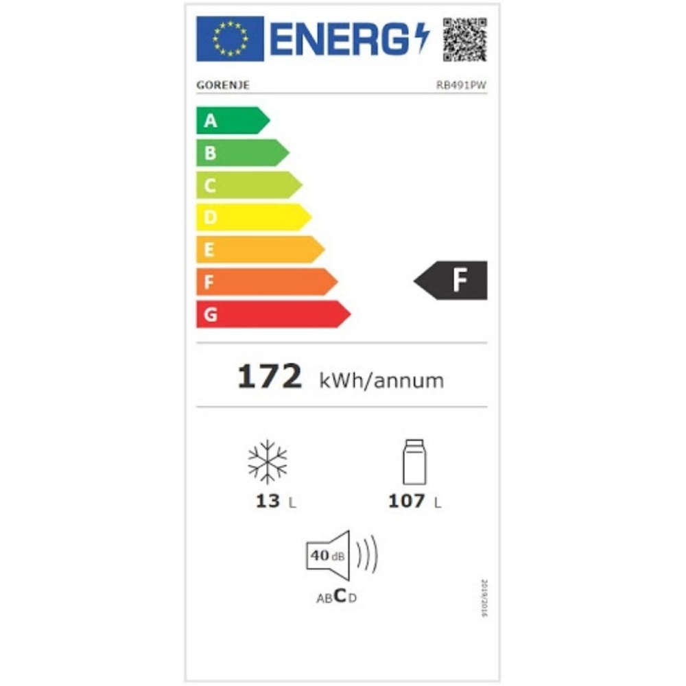 Gorenje RB491PW fehér, egyajtós, Hűtő:106L, Fagyasztó:14L, hűtőszekrény