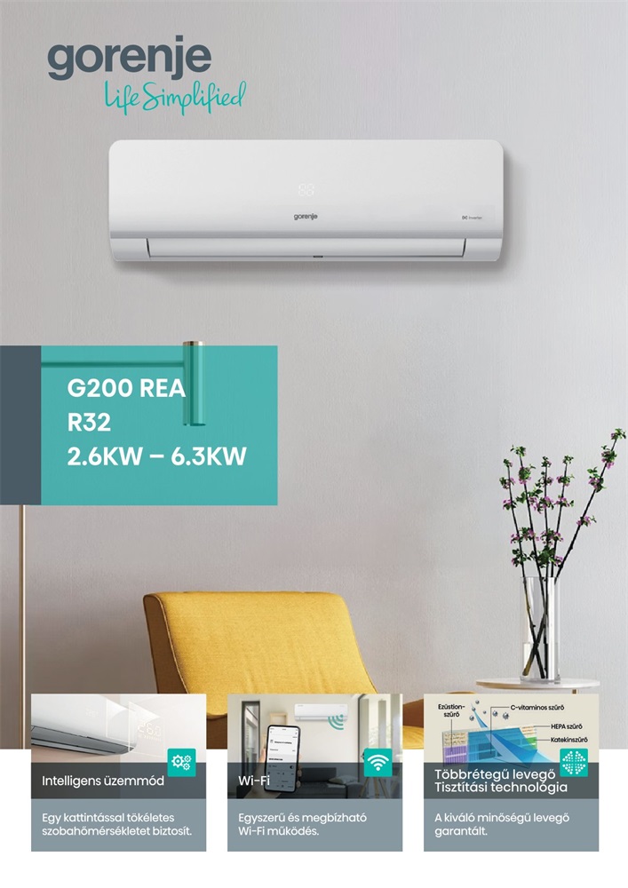 Gorenje Rea 2,6KW split klíma csepptálca fűtéssel, beépített WIFI REA26 KC