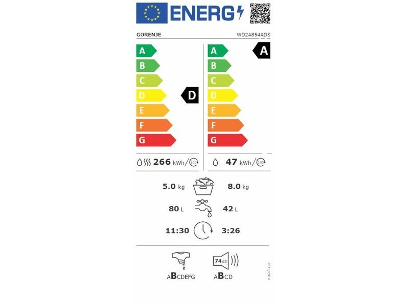 Gorenje WD2A854ADS fehér, elöltöltős, max.1400ford., 8 kg/5 kg, mosó-szárítógép