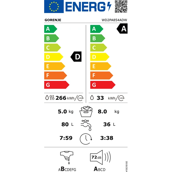 Gorenje WD2PA854ADW fehér, max.1400.ford, 8/5kg, mosó-szárítógép