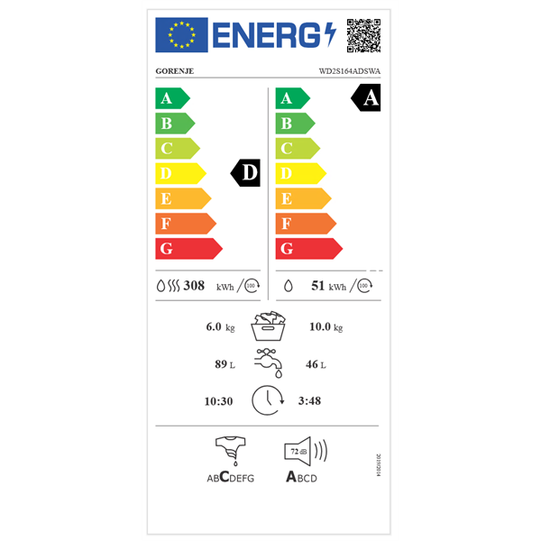 Gorenje WD2S164ADSWA 10 kg elöltöltős mosó-szárítógép