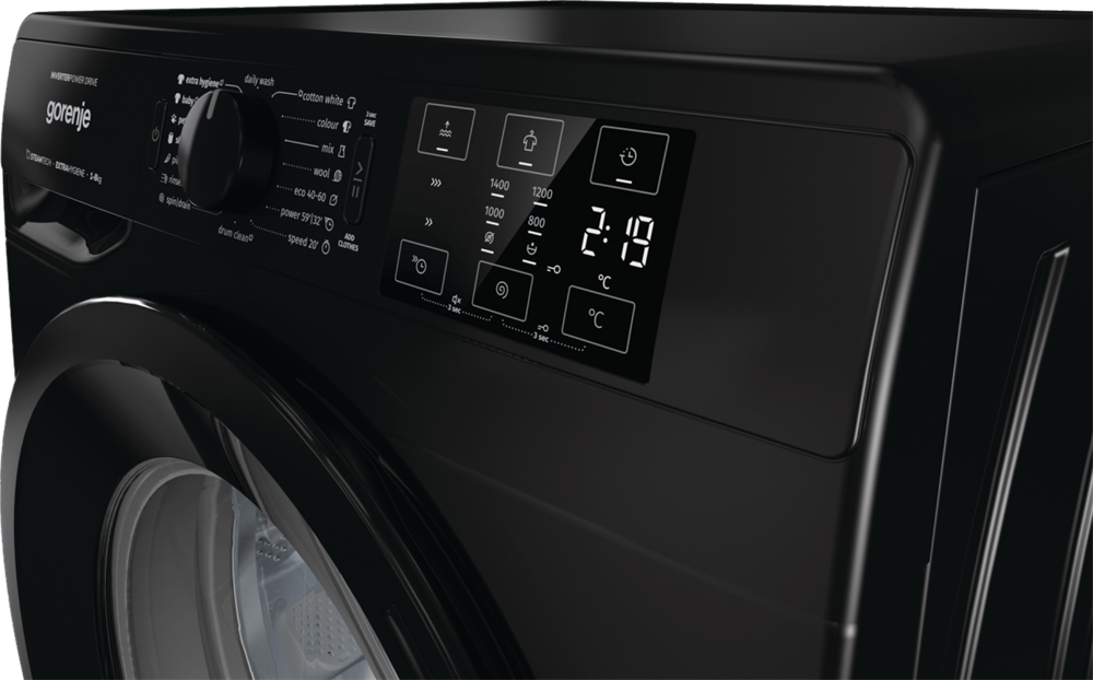 Gorenje WNEI84AS/B fekete, elöltöltős, max.1400ford., 8 kg, mosógép