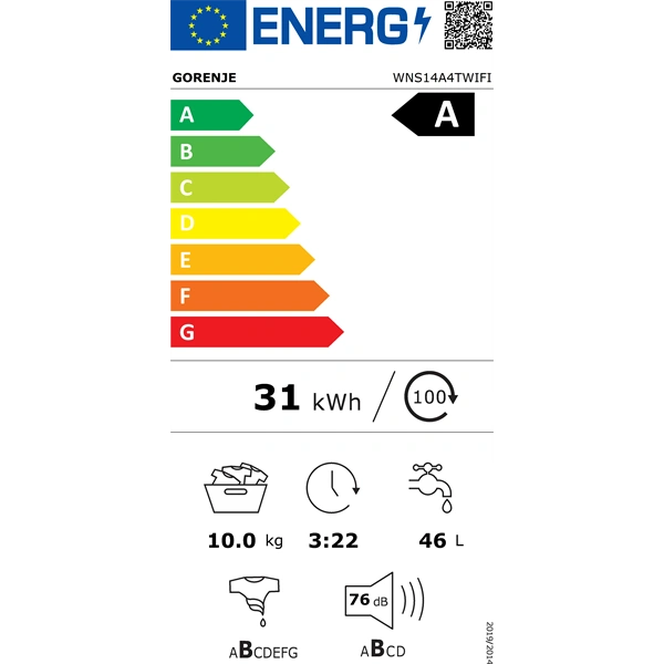 Gorenje WNS14A4TWIFI fehér, elöltöltős, max.1400ford., 10kg, mosógép
