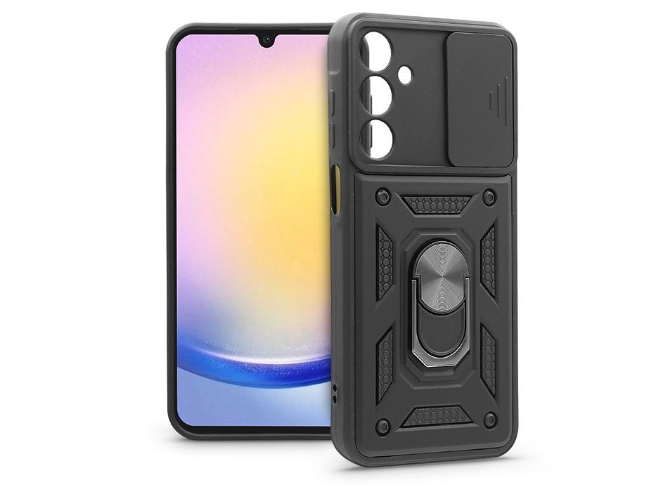 Haffner HF259180 Samsung Galaxy A25 5G Slide Armor fekete ütésálló hátlap gyűrűvel és kameravédővel