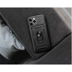Haffner HF259180 Samsung Galaxy A25 5G Slide Armor fekete ütésálló hátlap gyűrűvel és kameravédővel