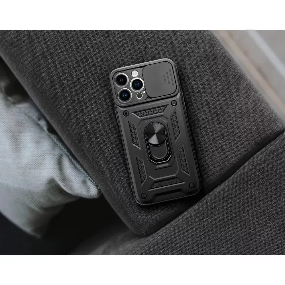 Haffner HF259678 Samsung Galaxy S23 FE Slide Armor fekete ütésálló hátlap gyűrűvel és kameravédővel