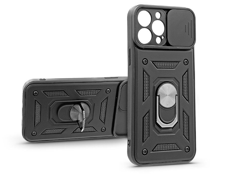 Haffner PT-6756 iPhone 12 Pro Max ütésálló fekete műanyag hátlap gyűrűvel és kameravédővel