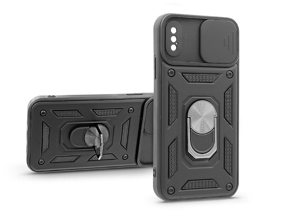 Haffner PT-6759 iPhone X/XS ütésálló fekete műanyag hátlap gyűrűvel és kameravédővel