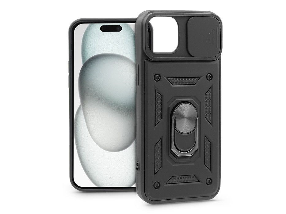 Haffner PT-6863 Apple iPhone 15 Plus Slide Armor fekete ütésálló hátlap gyűrűvel és kameravédővel
