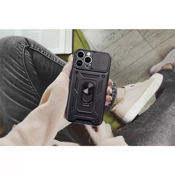 Haffner PT-6863 Apple iPhone 15 Plus Slide Armor fekete ütésálló hátlap gyűrűvel és kameravédővel