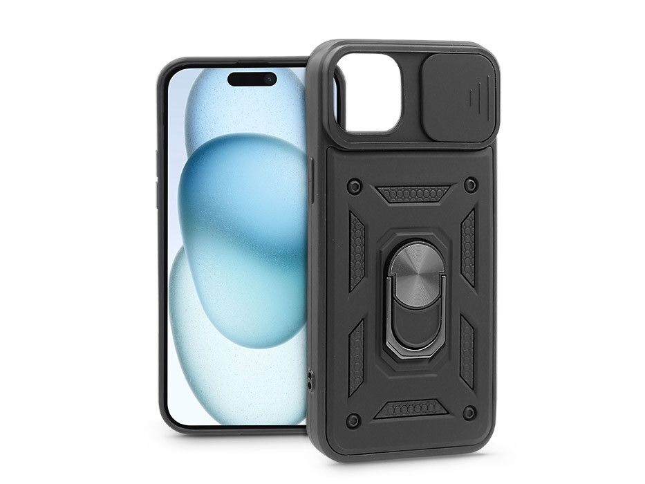 Haffner PT-6864 Apple iPhone 15 Slide Armor fekete ütésálló hátlap gyűrűvel és kameravédővel