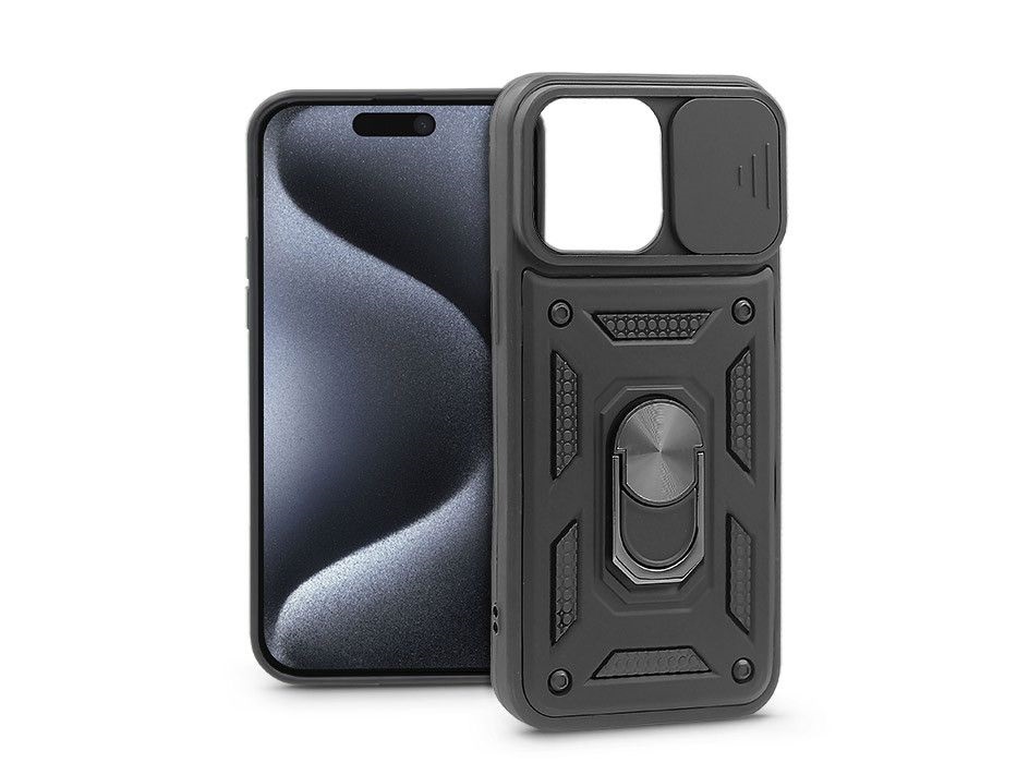 Haffner PT-6865 Apple iPhone 15 Pro Slide Armor fekete ütésálló hátlap gyűrűvel és kameravédővel