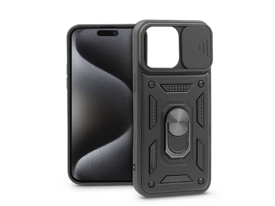 Haffner PT-6866 Apple iPhone 15 Pro Max Slide Armor fekete ütésálló hátlap gyűrűvel és kameravédővel