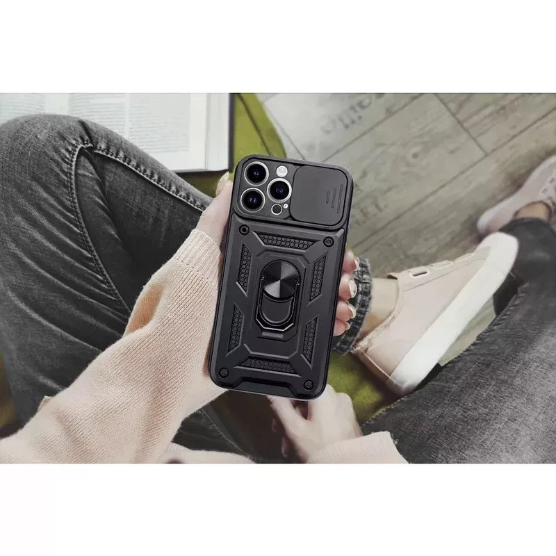Haffner PT-6866 Apple iPhone 15 Pro Max Slide Armor fekete ütésálló hátlap gyűrűvel és kameravédővel