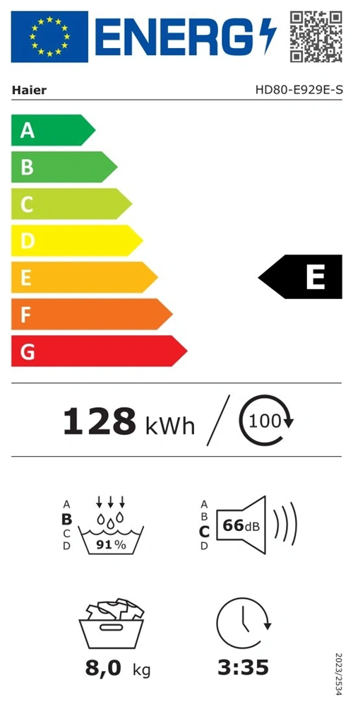 Haier HD80-E929E-S fehér-fekete, 8kg, hőszivattyús szárítógép