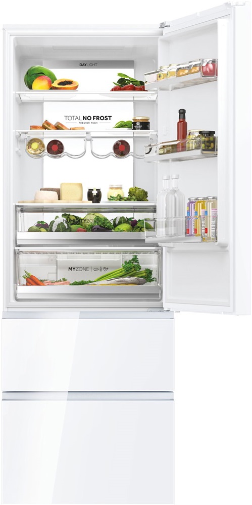 Haier HTW7720DNGW fehér, francia ajtós, alulfagyasztós, Hűtő:343L, Fagyasztó:140L, Total No frost hűtőszekrény
