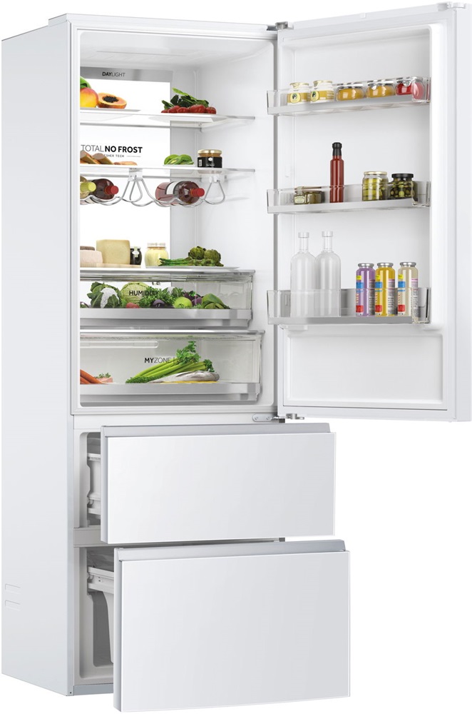 Haier HTW7720DNGW fehér, francia ajtós, alulfagyasztós, Hűtő:343L, Fagyasztó:140L, Total No frost hűtőszekrény