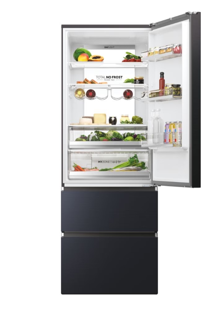 Haier HTW7720ENMB fekete, francia ajtós, alulfagyasztós, Hűtő:343L, Fagyasztó:140L, No frost hűtőszekrény