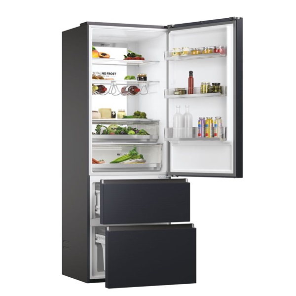 Haier HTW7720ENMB fekete, francia ajtós, alulfagyasztós, Hűtő:343L, Fagyasztó:140L, No frost hűtőszekrény