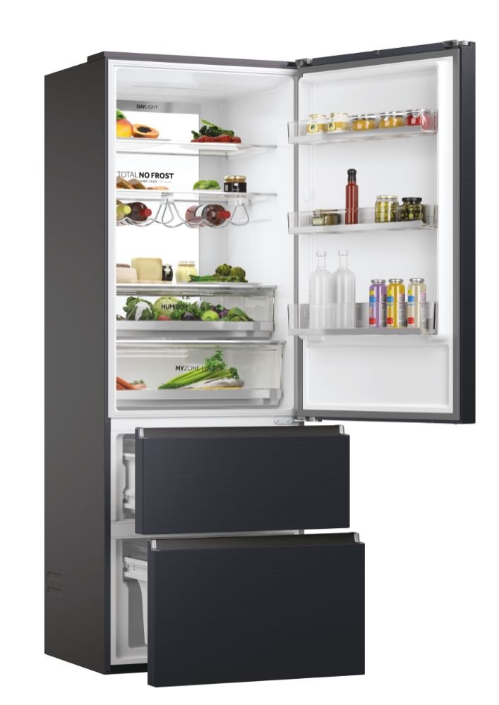 Haier HTW7720ENMB fekete, francia ajtós, alulfagyasztós, Hűtő:343L, Fagyasztó:140L, No frost hűtőszekrény