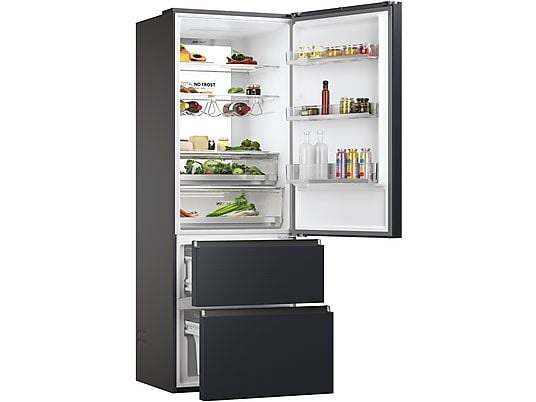 Haier HTW7720ENMB fekete, francia ajtós, alulfagyasztós, Hűtő:343L, Fagyasztó:140L, No frost hűtőszekrény