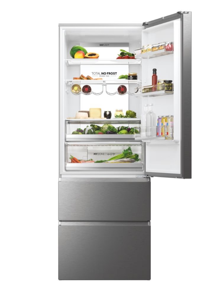 Haier HTW7720ENMP szürke, alulfagyasztós, Hűtő:343L, Fagyasztó:140L, No frost hűtőszekrény
