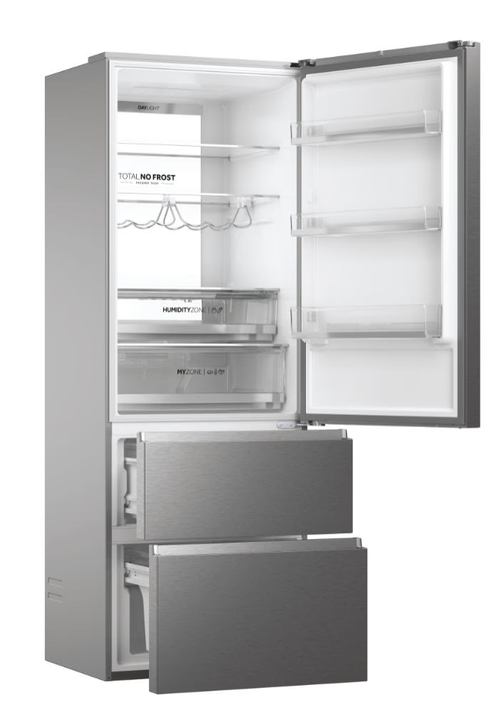 Haier HTW7720ENMP szürke, alulfagyasztós, Hűtő:343L, Fagyasztó:140L, No frost hűtőszekrény