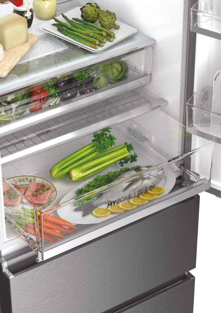 Haier HTW7720ENMP szürke, alulfagyasztós, Hűtő:343L, Fagyasztó:140L, No frost hűtőszekrény