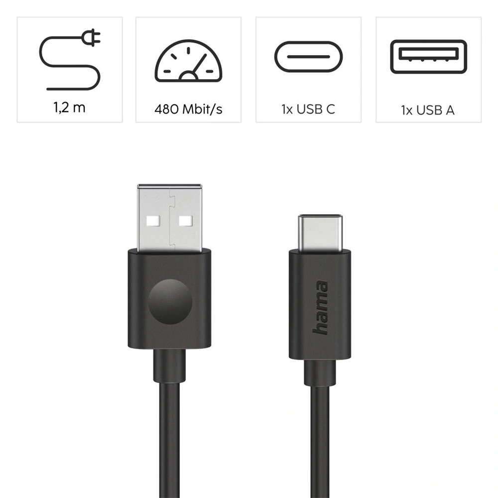 Hama 00086447 1,2m USB-A - USB-C fekete adatkábel