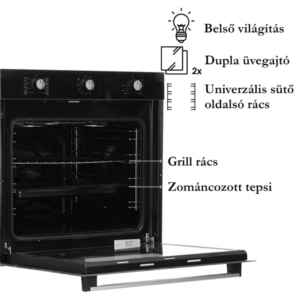 Hausberg HB-8053NG fekete, beépíthető, sütőtér:71L, grill, légkeveréses sütő