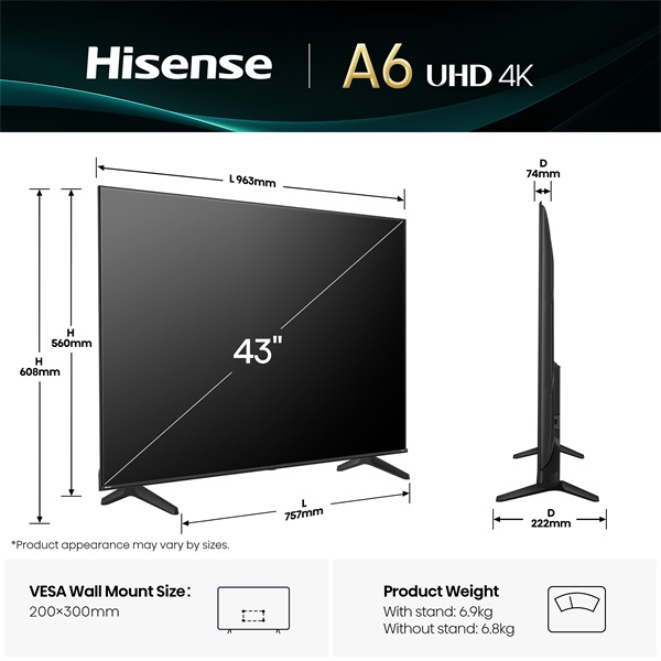 Hisense 43" 43A6Q 4K UHD Smart LED TV (Újracsomagolt)