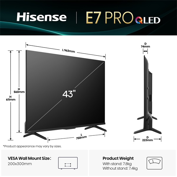 Hisense 43" 43E7QPRO 4K UHD Smart QLED TV