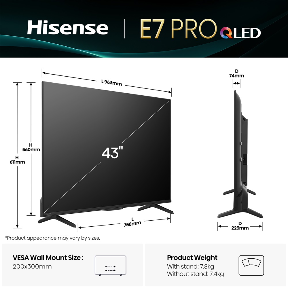 Hisense 43" 43E7QPRO 4K UHD Smart QLED TV