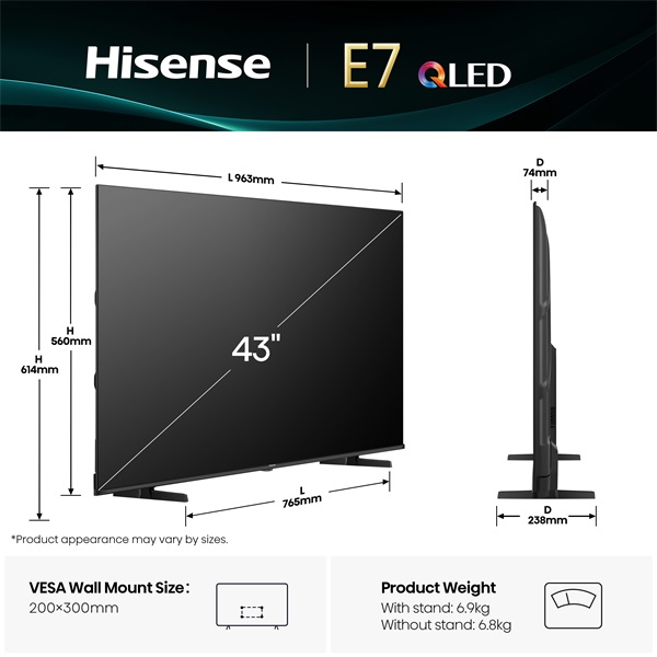 Hisense 43" 43E7Q 4K UHD Smart QLED TV (Újracsomagolt)