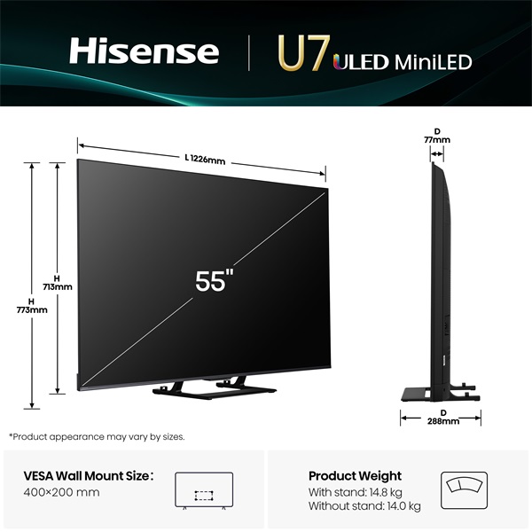 Hisense 55" 55U7Q 4K UHD Smart MiniLED ULED TV (Újracsomagolt)