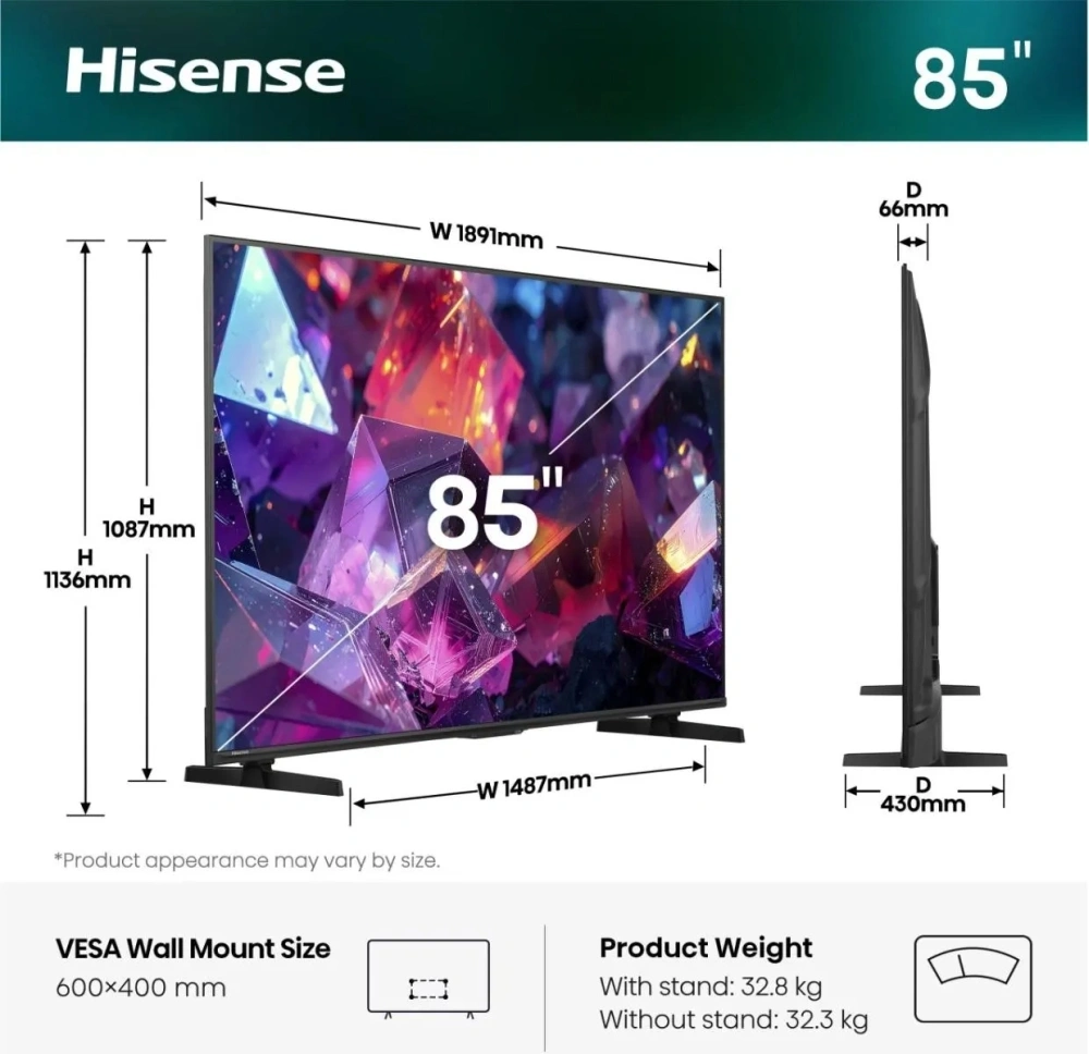Hisense 85" 85E7S PRO 4K UHD Smart QLED TV