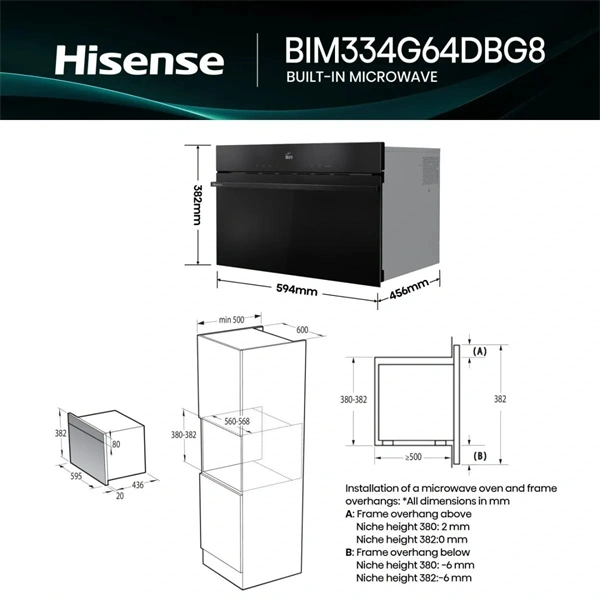 Hisense BIM334G64DBG8 fekete, beépíthető, 34 l, mikrohullámú sütő