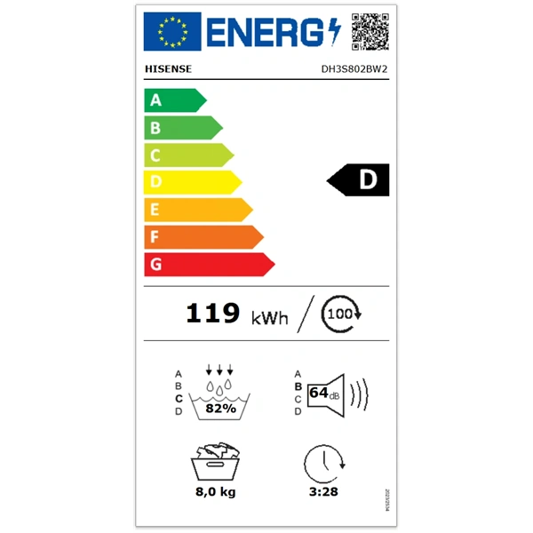 Hisense DH3S802BW2 fehér, 8 kg, hőszivattyús, szárítógép