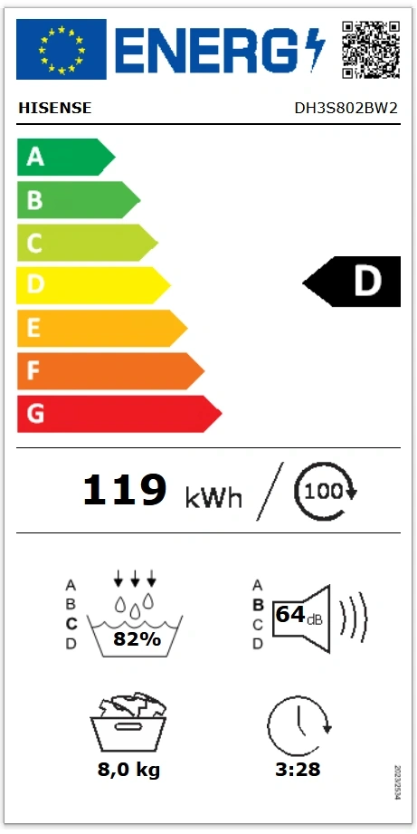 Hisense DH3S802BW2 fehér, 8 kg, hőszivattyús, szárítógép