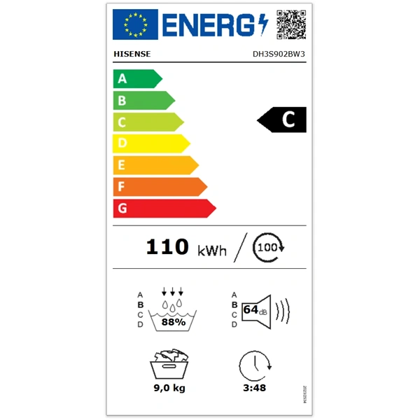 Hisense DH3S902BW3 fehér, 9 kg, hőszivattyús, szárítógép