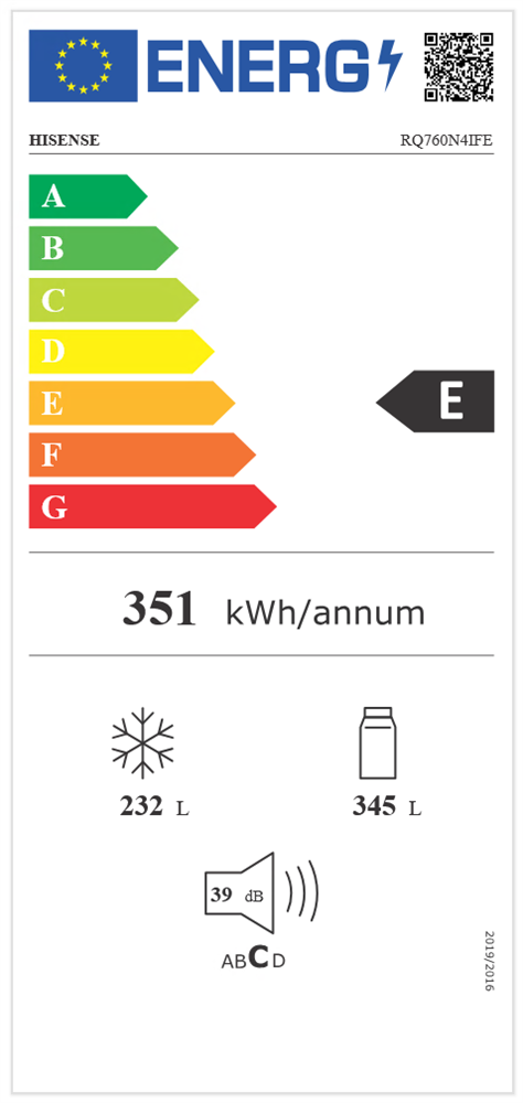 Hisense RQ760N4IFE fekete, négyajtós, Hűtő:345L, Fagyasztó:188L, Total No frost hűtőszekrény
