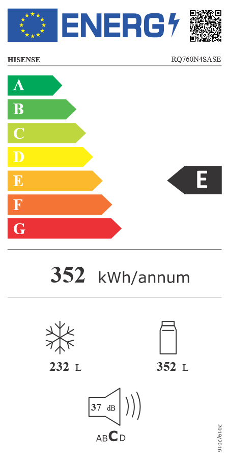 Hisense RQ760N4SASE szürke, négyajtós, Hűtő:352L, Fagyasztó:232L, Total No frost hűtőszekrény