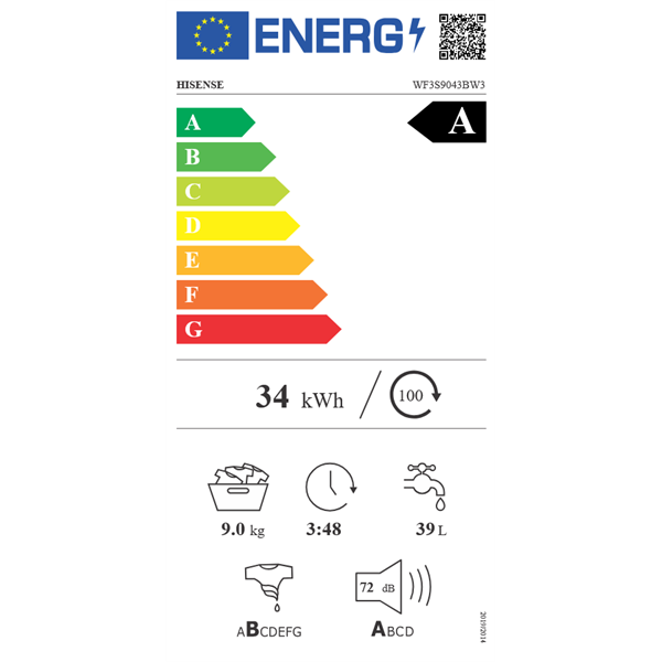 Hisense WF3S9043BW3 9 kg elöltöltős mosógép