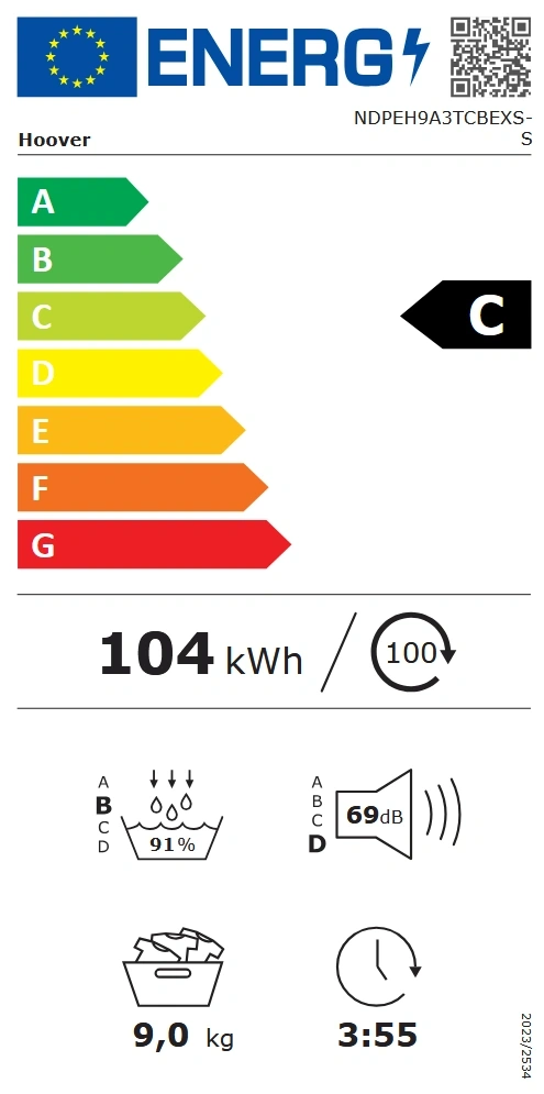 Hoover NDPEH9A3TCBEXS-S fehér, 9 kg, hőszivattyús, szárítógép