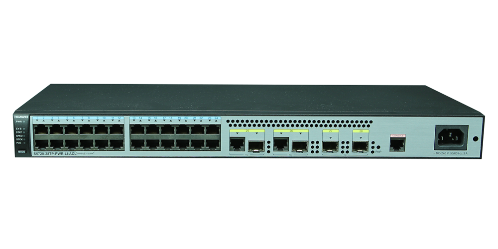 Huawei S5720-28TP-PWR-LI-ACL 8xGbE PoE+ LAN 16xGbE LAN 2xGbE Combo RJ45/SFP 2xGbE SFP PoE+ 124W L3 menedzselhető switch