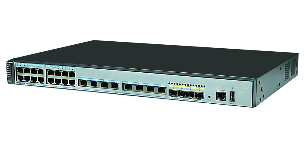 Huawei S5720-28X-PWH-LI-AC 16xGbE PoE+ LAN 8xEthernet 100M/1/2.5G PoE++ 4x10GbE SFP+ 360W PoE++ L3 menedzselhető switch