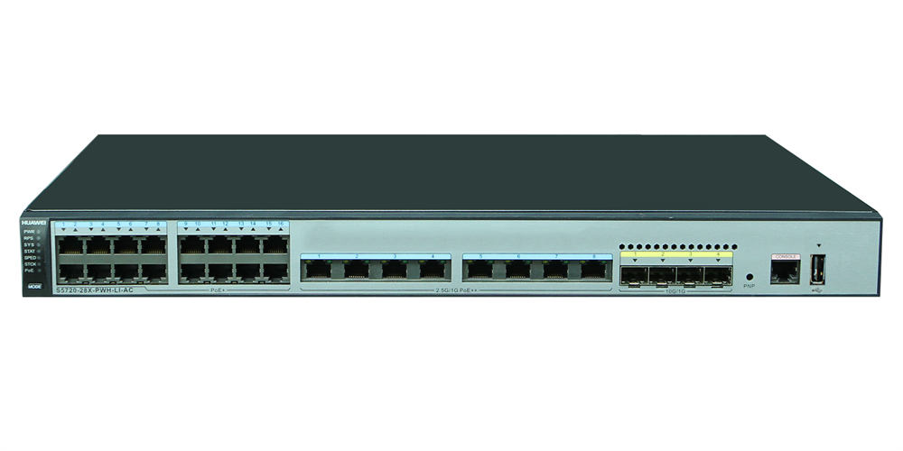 Huawei S5720-28X-PWH-LI-AC 16xGbE PoE+ LAN 8xEthernet 100M/1/2.5G PoE++ 4x10GbE SFP+ 360W PoE++ L3 menedzselhető switch