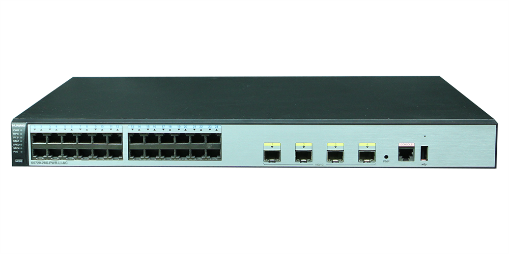 Huawei S5720-28X-PWR-LI-AC 24xGbE PoE+ LAN 4x10GbE SFP+ 370W PoE+ L3 menedzselhető switch