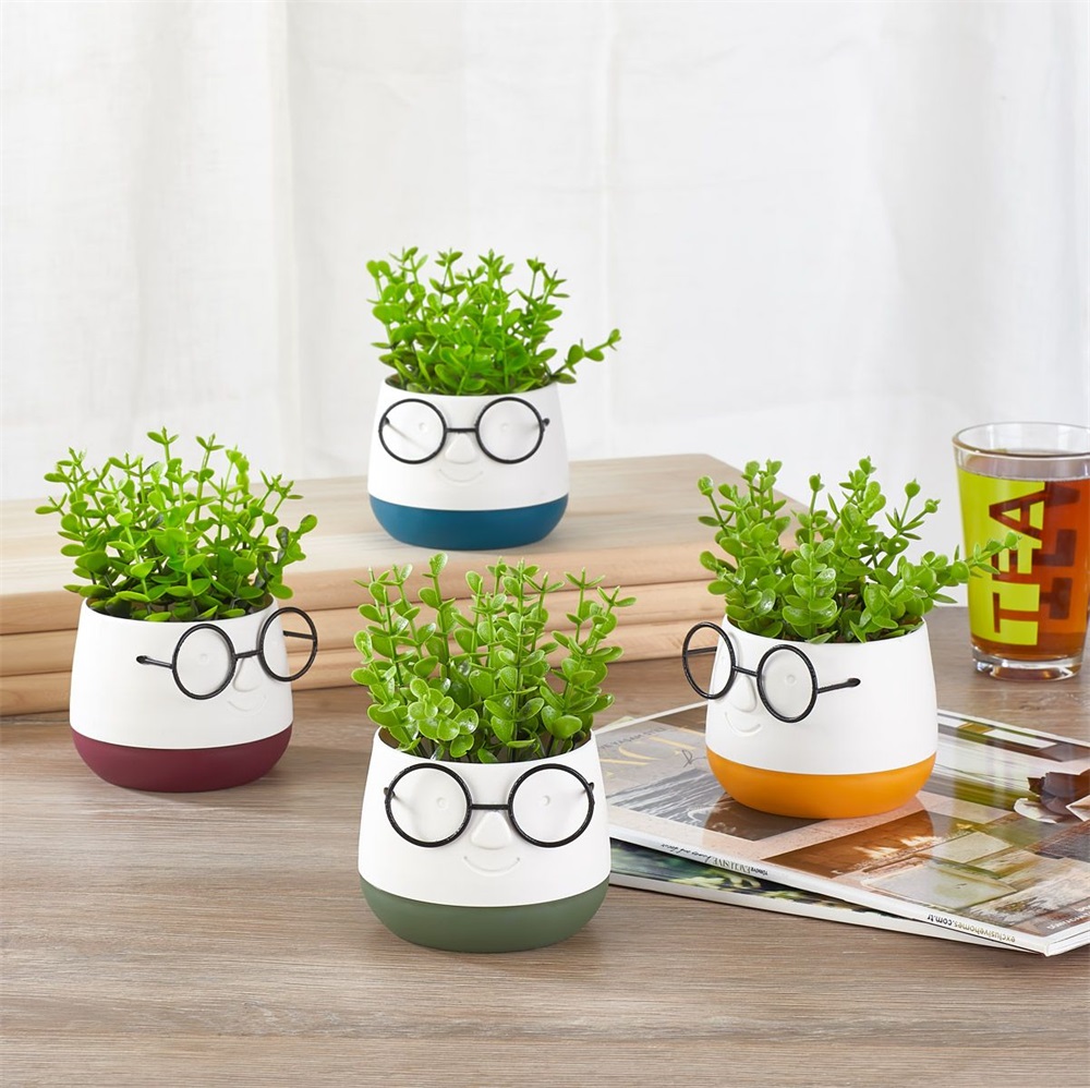 IRIS E5720 szemüveges fej dekoráció művirággal kétszínű cserépben 9x14cm (Használt - B)